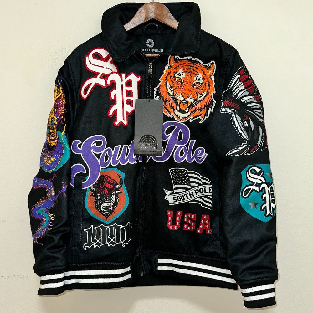NWT Southpole Varsity Bomber Jacket Black Mens L Zip Tiger‎ 1991 American Dream